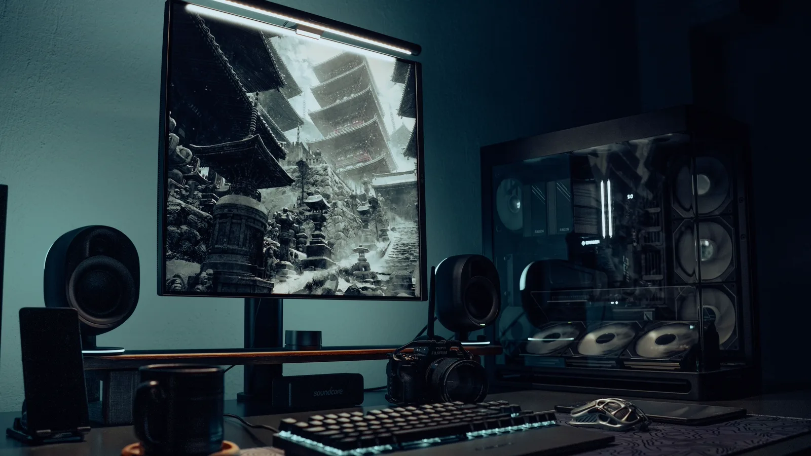 Gaming monitor and desktop PC setup used to choose a GPU by resolution and refresh rate