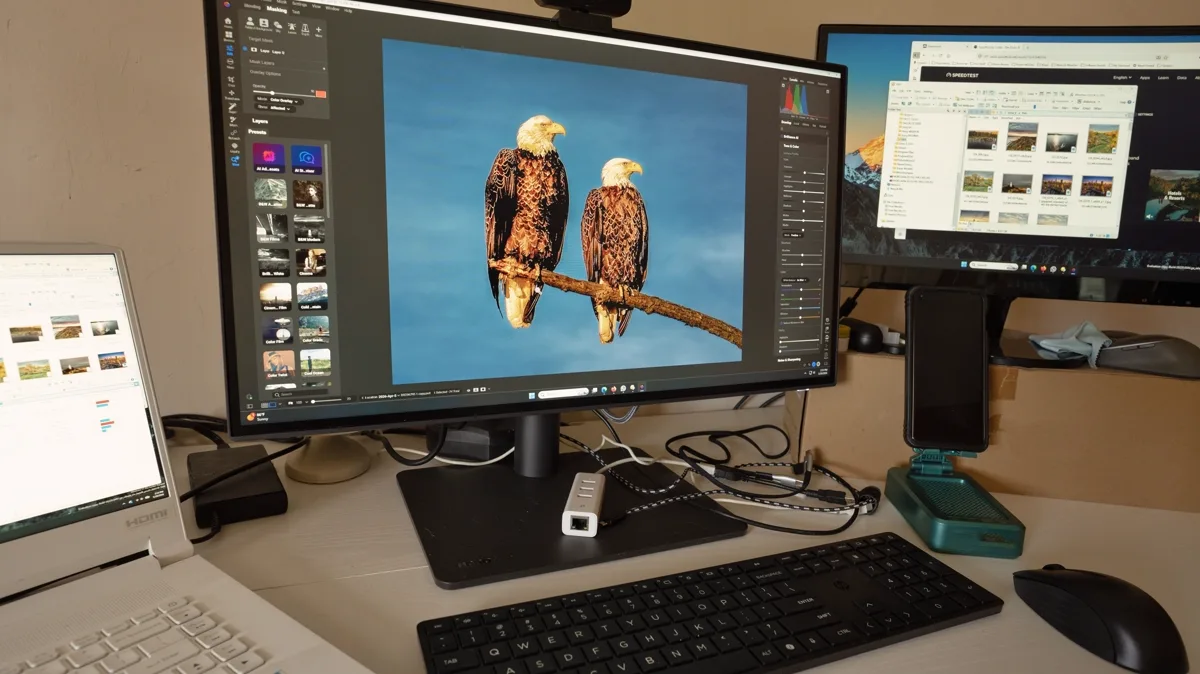 Photo editing workspace with multiple screens showing why resolution and scaling matter